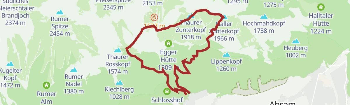 Route map: Über die Zunterköpfe oberhalb von Thaur
